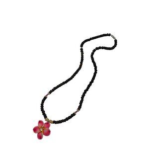 Floral Beaded Necklace Pink Yellow Charm Barrel Clasp 18 Inches Handmade Wood